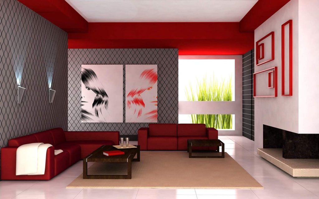 A living room decorated with red accents