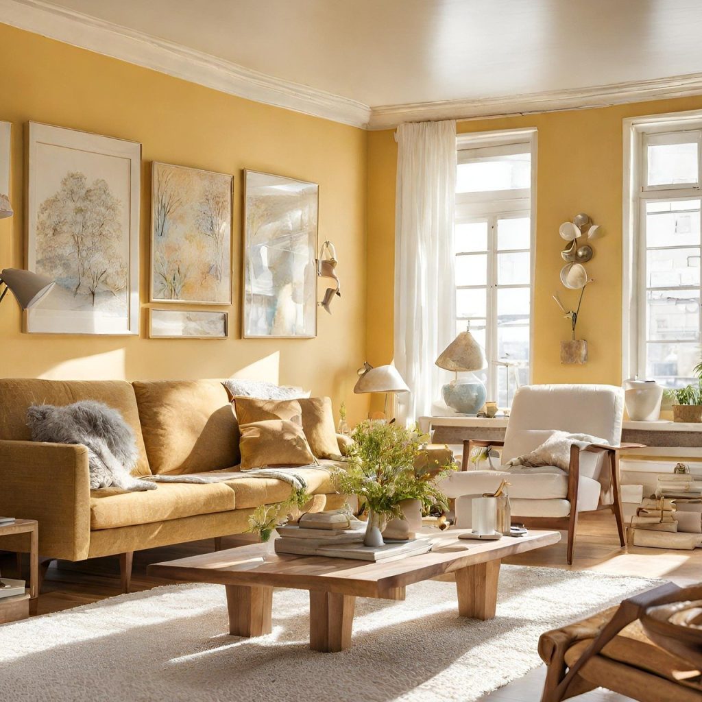 A living room accented with a soft yellow