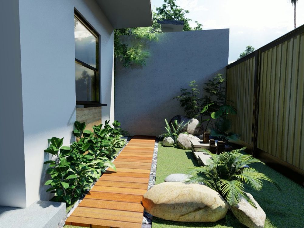 An image of a side yard with various plants. 