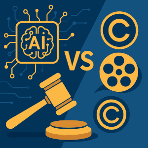 An illustration image of AI vs copyright for an article about Disney vs Midjourney.