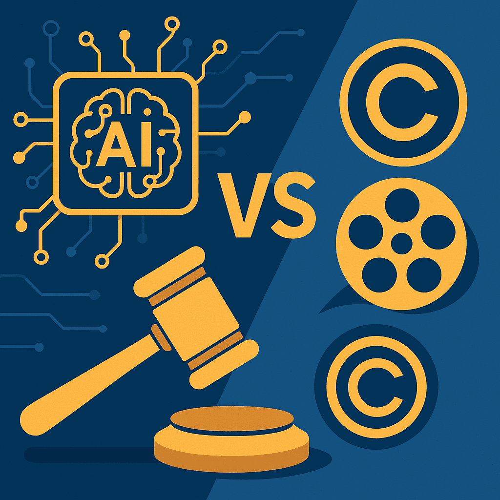 An illustration image of AI vs copyright for an article about Disney vs Midjourney.
