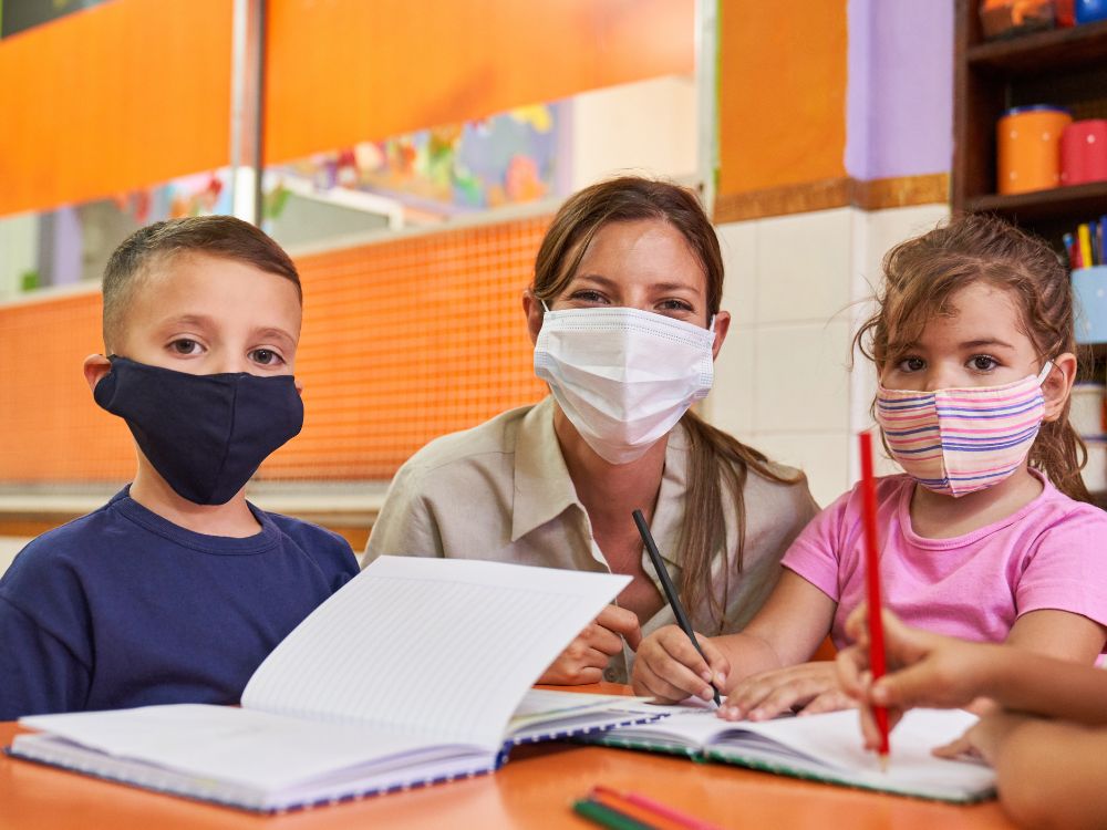 An image of children and an instructor during the COVID period. 