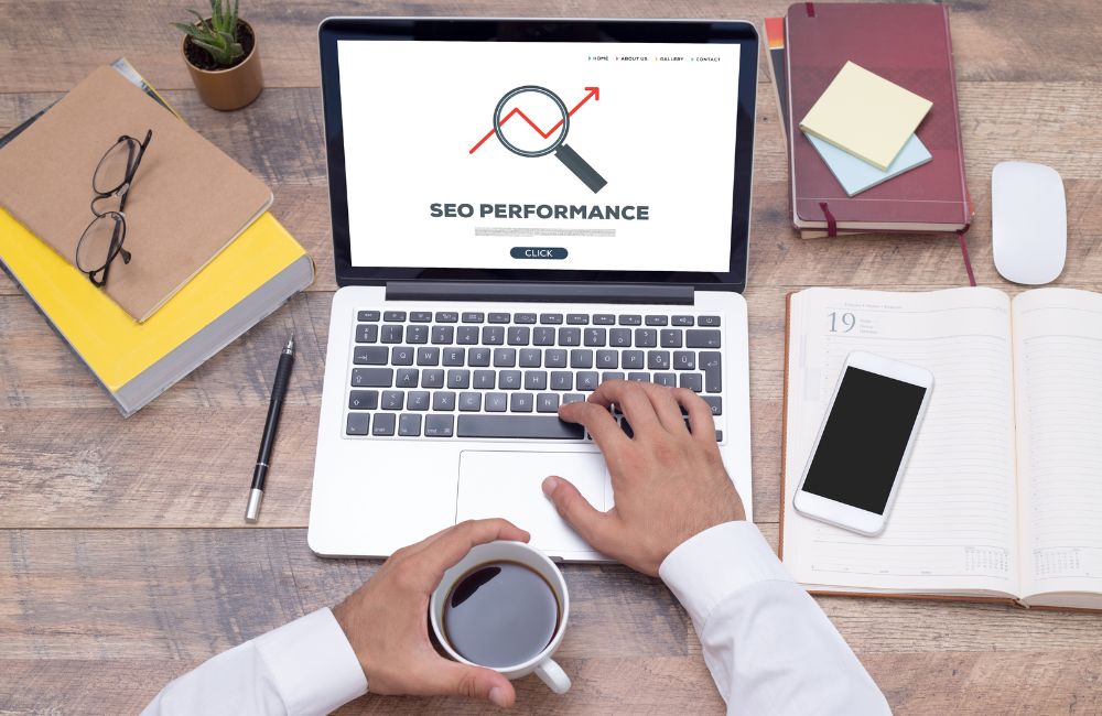 An image of a business owner doing SEO marketing. 