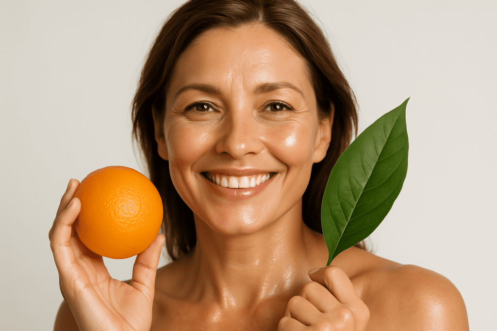 A mature smiling woman holding an orage