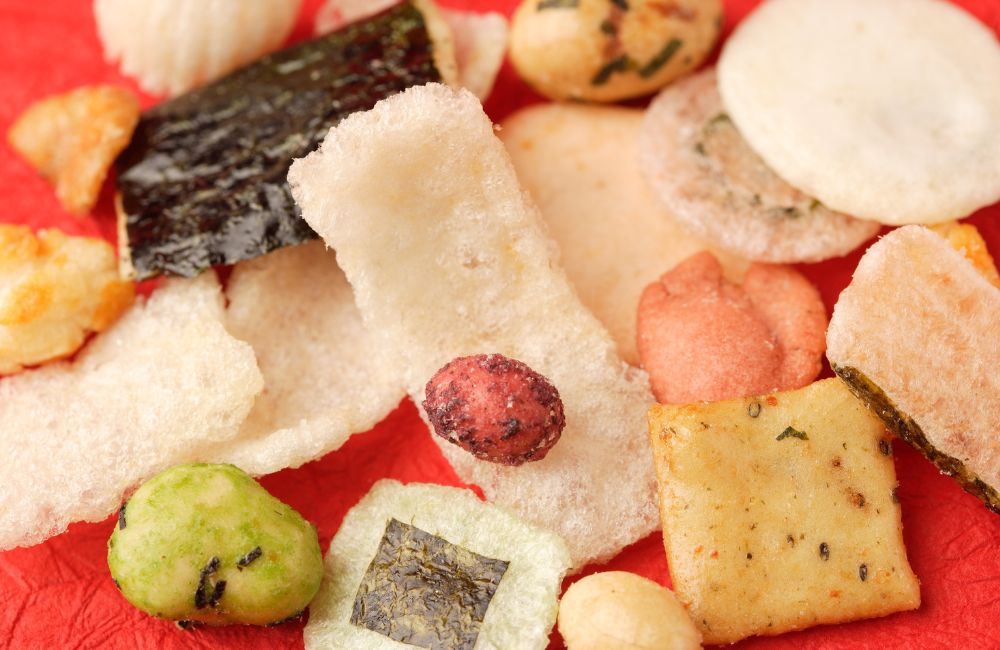 An image of various salty Japanese snacks.