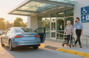 An image of a senior in front of a hospital for an article about transportation for seniors to medical appointment.
