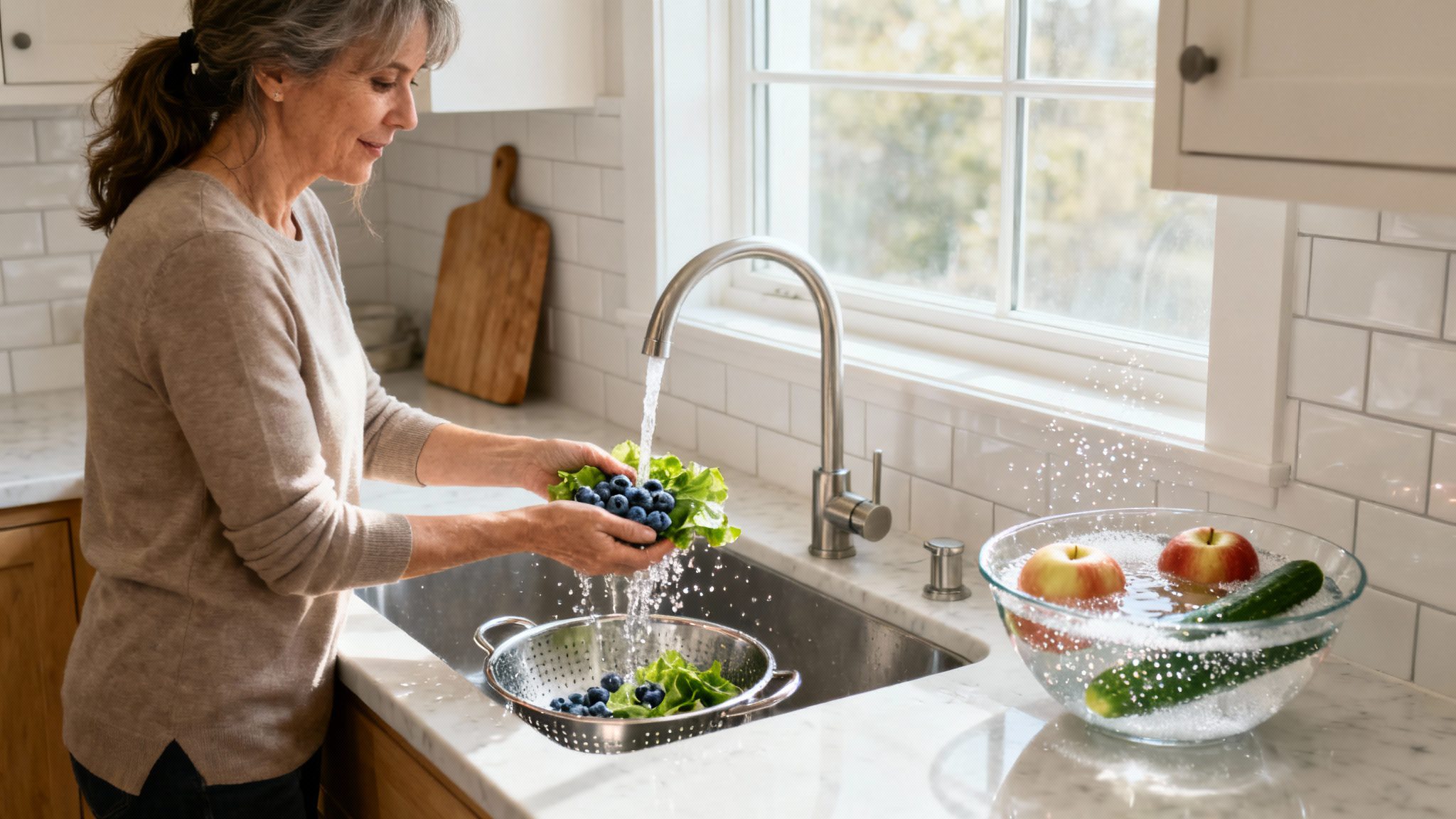 An image of a person washing blueberries. 