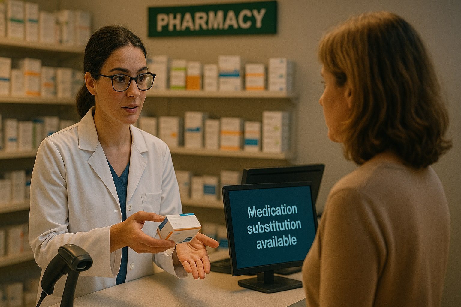 An image of a woman asking for a medication substition.