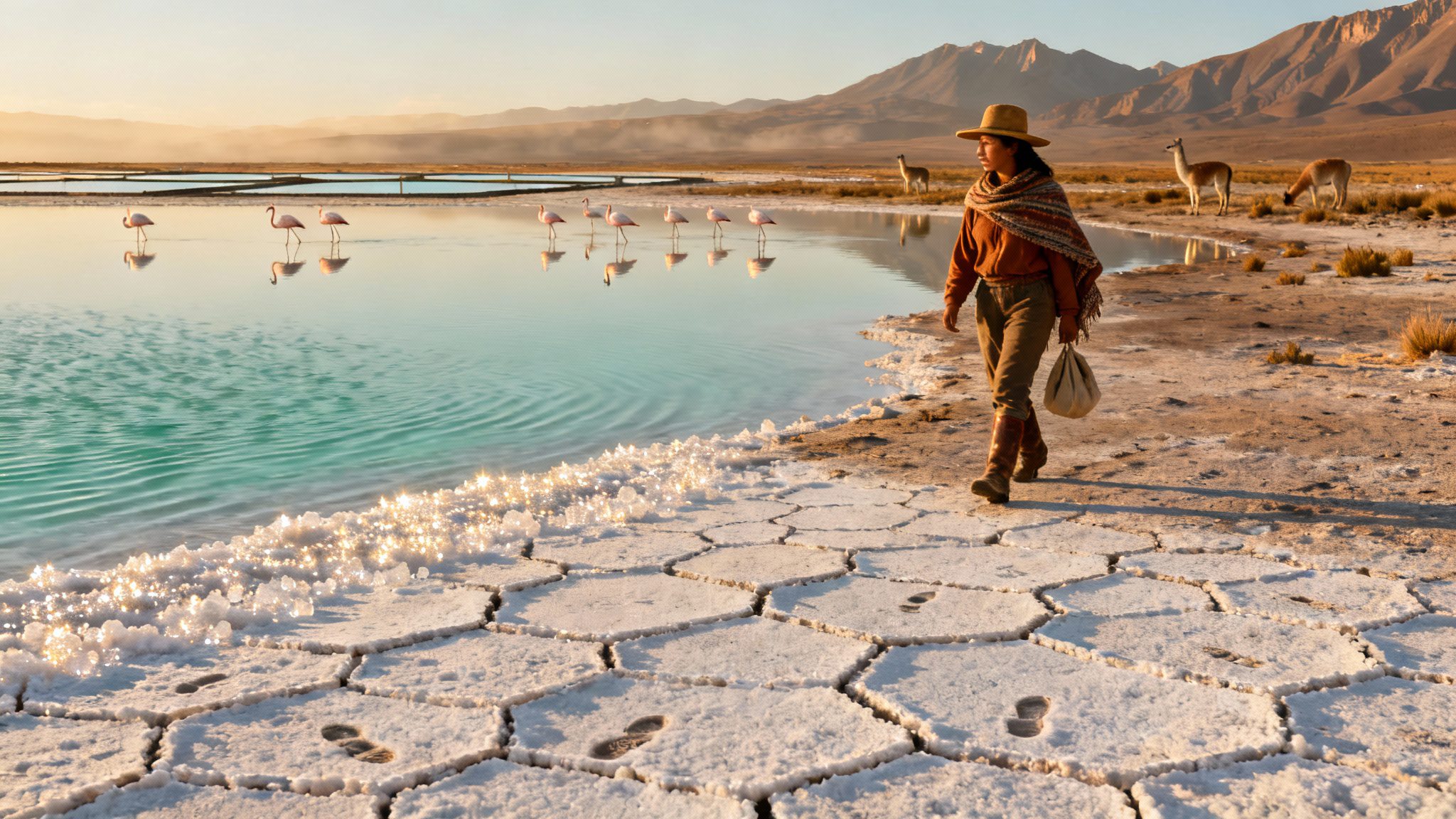 An image of a woman walking across a shrinking lagoon.
