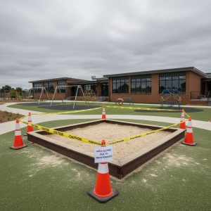 An image of a sandbox believed to be contaminated with asbestos.