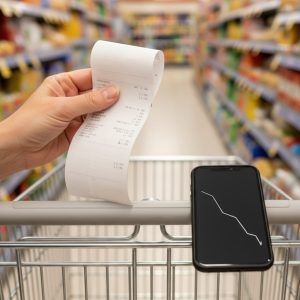 An image of a shopper worrying about their expenses.