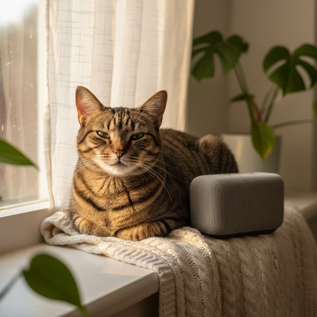 An image of a photorealistic tabby cat loafing on a windowsill near a small speaker in golden light.
