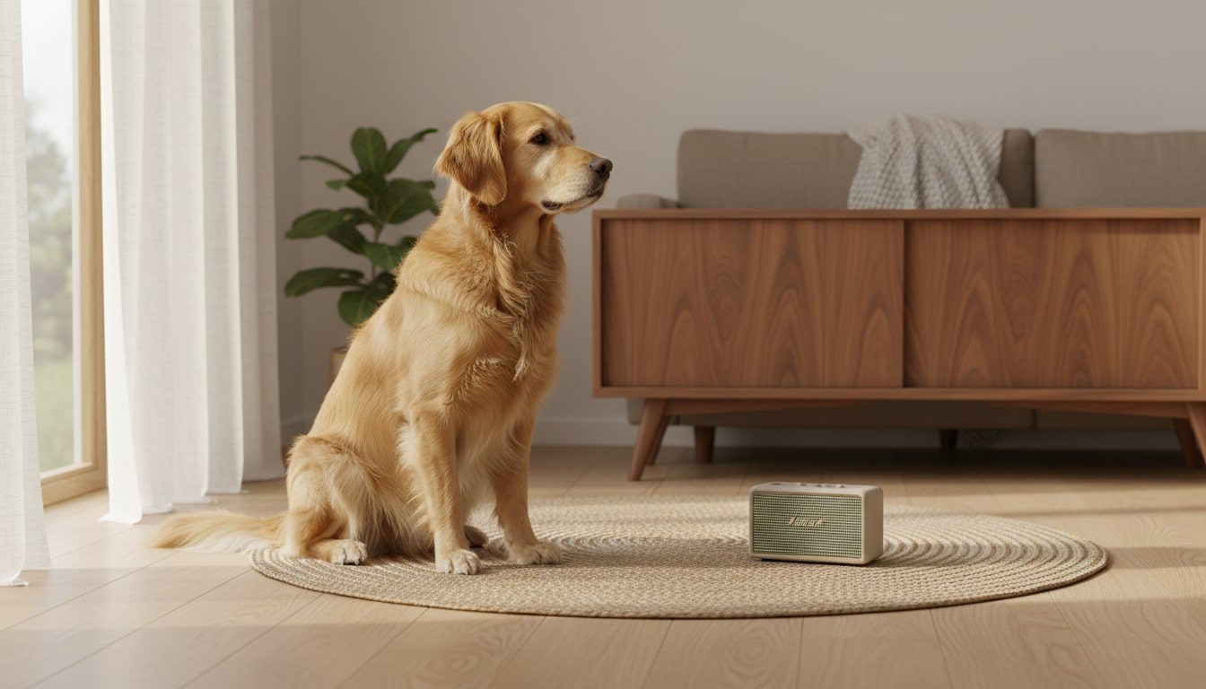 photo-realistic image of a calm golden retriever attentively facing a small fabric-wrapped speaker.