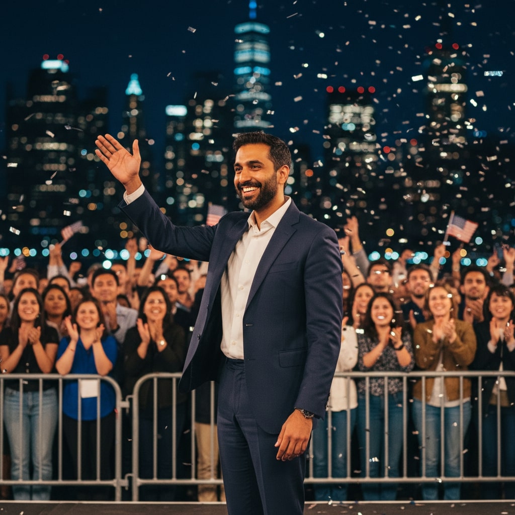 An image of Zohran Mamdani waving in front of his supporters.