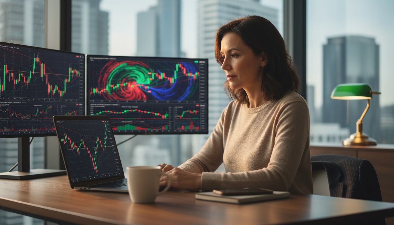 An image of a woman examining her stock portfolio for AI companies.