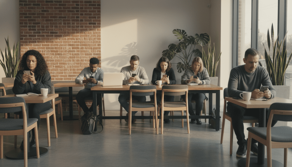 A group of people attention fixed on their phones.