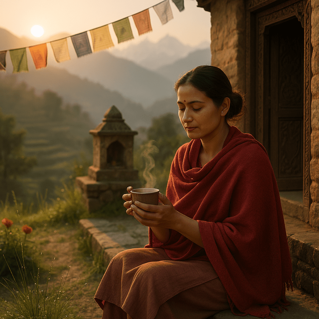 Nepalese woman sips tea at sunrise, overlooking terraced hills and Himalayas. Prayer flags. Spiritual nature connection.