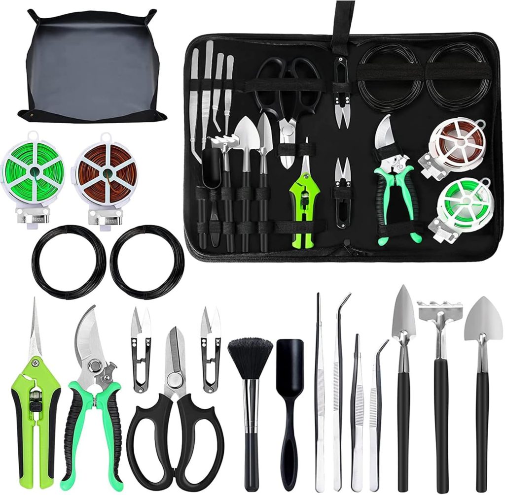 Bonsai Tool, 20-Piece Garden Tools Set with Secateurs, Bonsai Scissors, Bonsai Wire, Mini Rake and Shovel #A