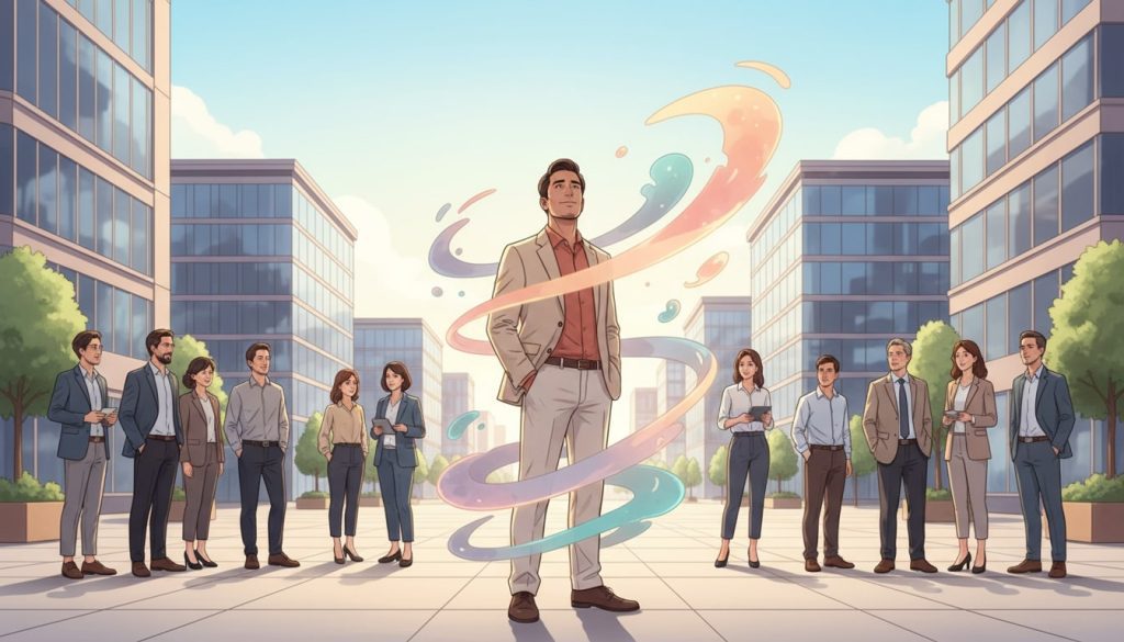 An image of a Confident professional standing in a city plaza with soft abstract shapes transforming from dense to light around them, symbolizing stress turning into energy and focus for an article about how to make stress your friend.