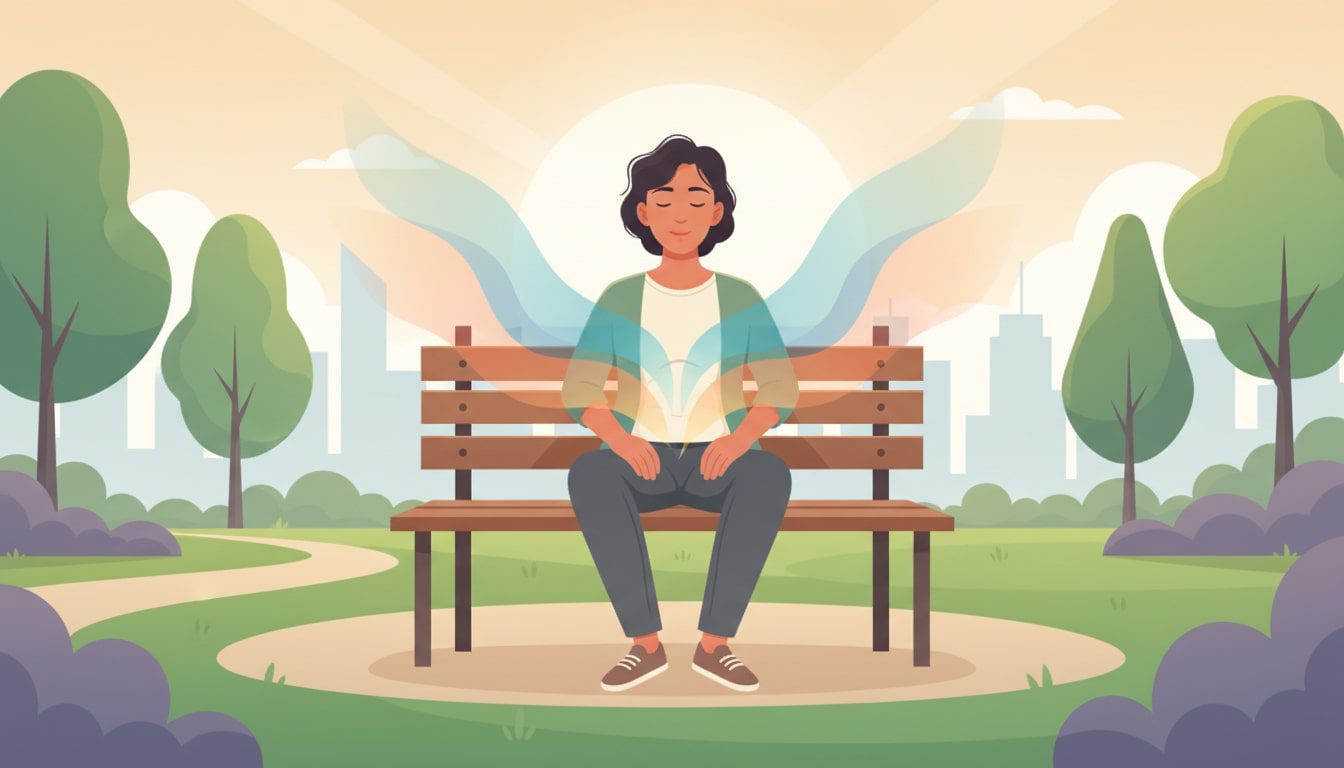 Person sitting calmly on a park bench, eyes closed, surrounded by smooth abstract waves representing a calm, reframed stress response, with a distant city skyline.