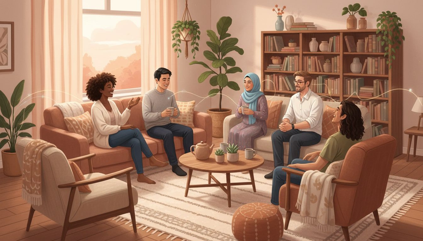 Diverse group in a cozy living room, sitting in a circle talking and laughing, with subtle abstract light trails connecting them to symbolize oxytocin and bonding under stress.