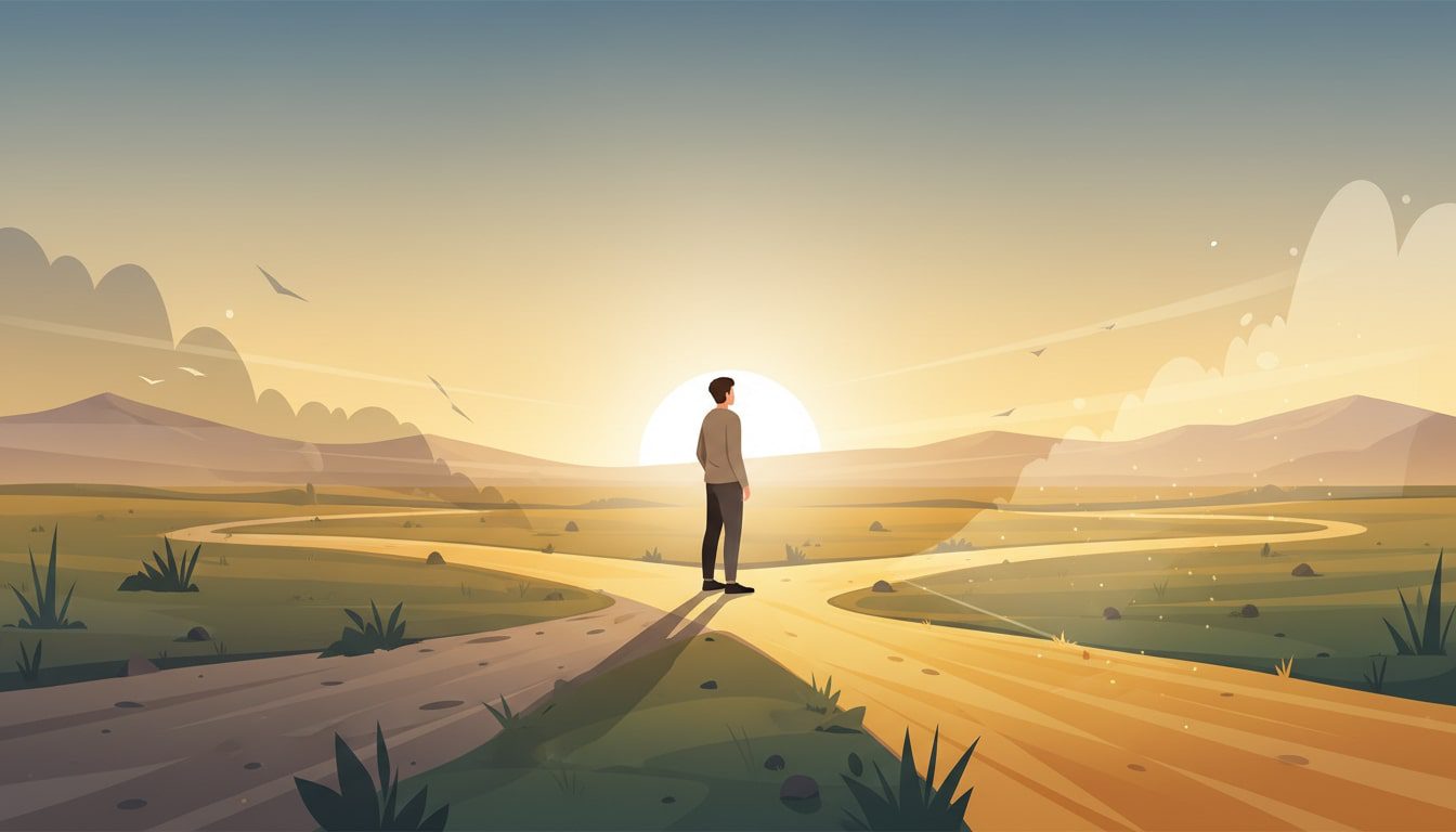 Person standing at a crossroads in nature, one dull gray path and one bright vibrant path where dark stress clouds gradually turn into light along the meaningful path at sunrise.