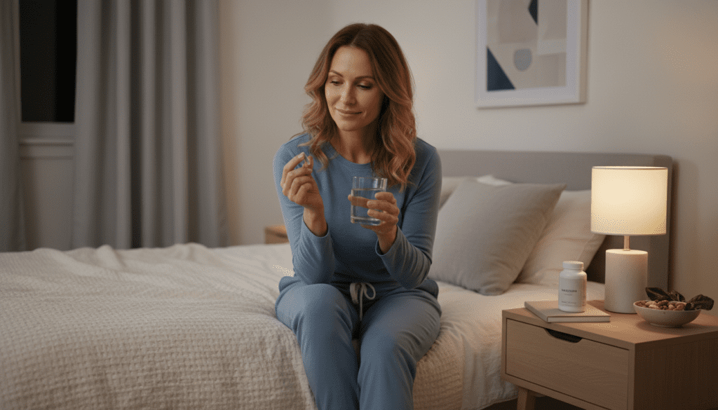 A woman in her bed about to drink magnesium.