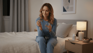 A woman in her bed about to drink magnesium.